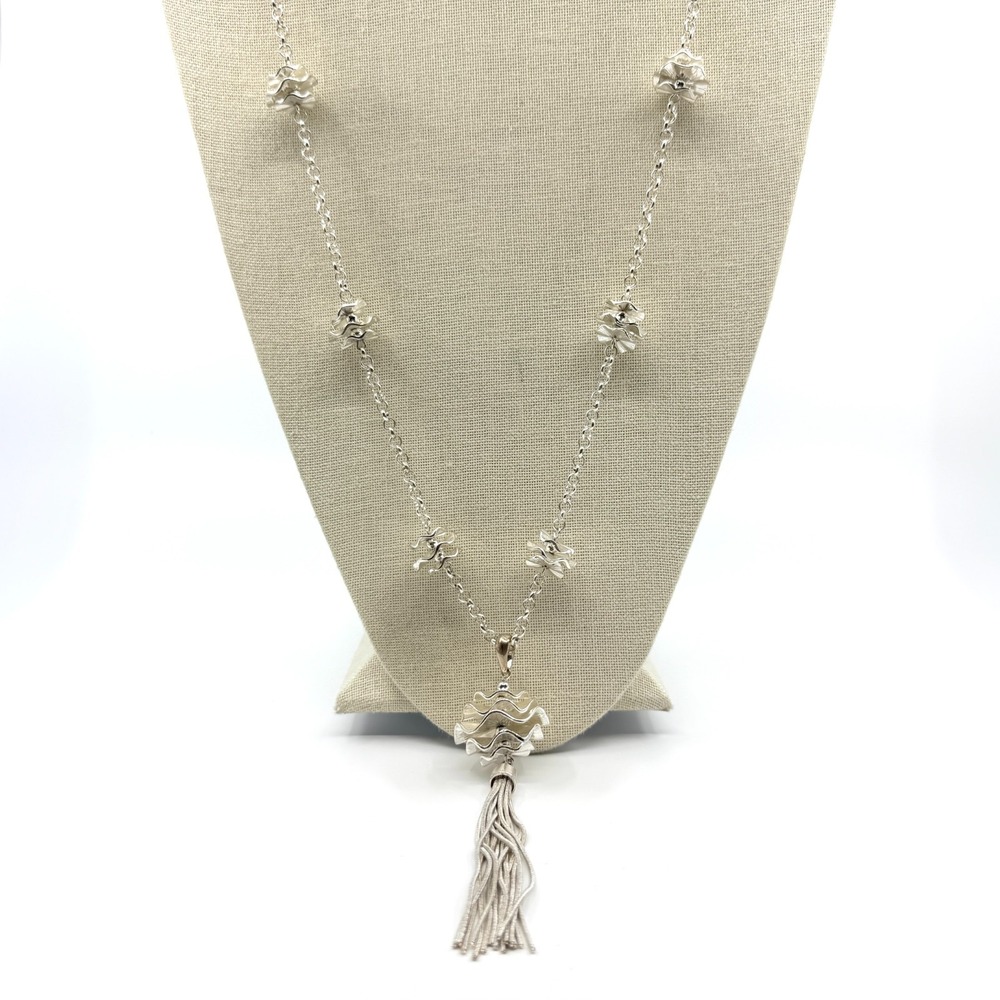 Vintage Silver Tone Tassel Necklace Ruffled Metal Orb Statement 90s